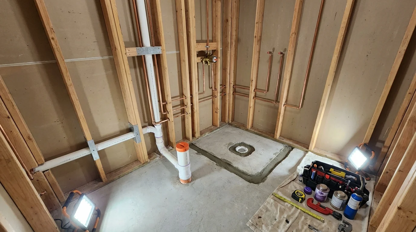 Bathroom rough-in plumbing during remodel by Johns Plumbing LLC in Stanley