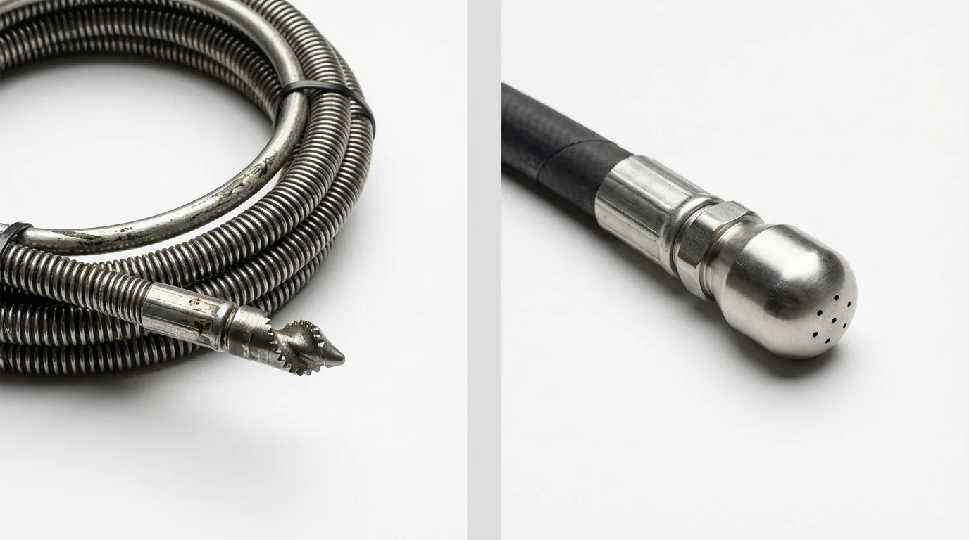 Drain snake cable and hydro jetting nozzle used for drain cleaning in Stanley, ND