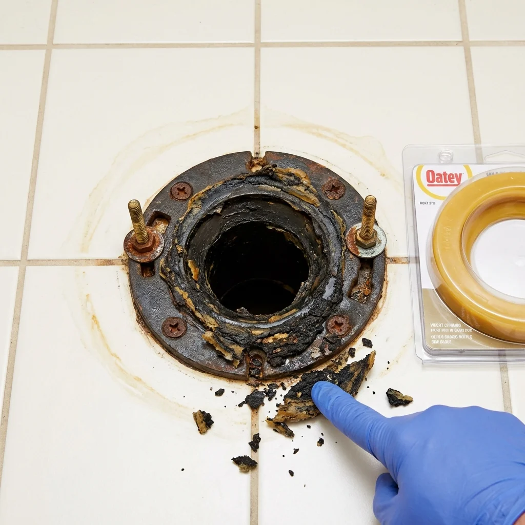 Failed wax ring showing water seepage at the base of a toilet in a Stanley, ND home