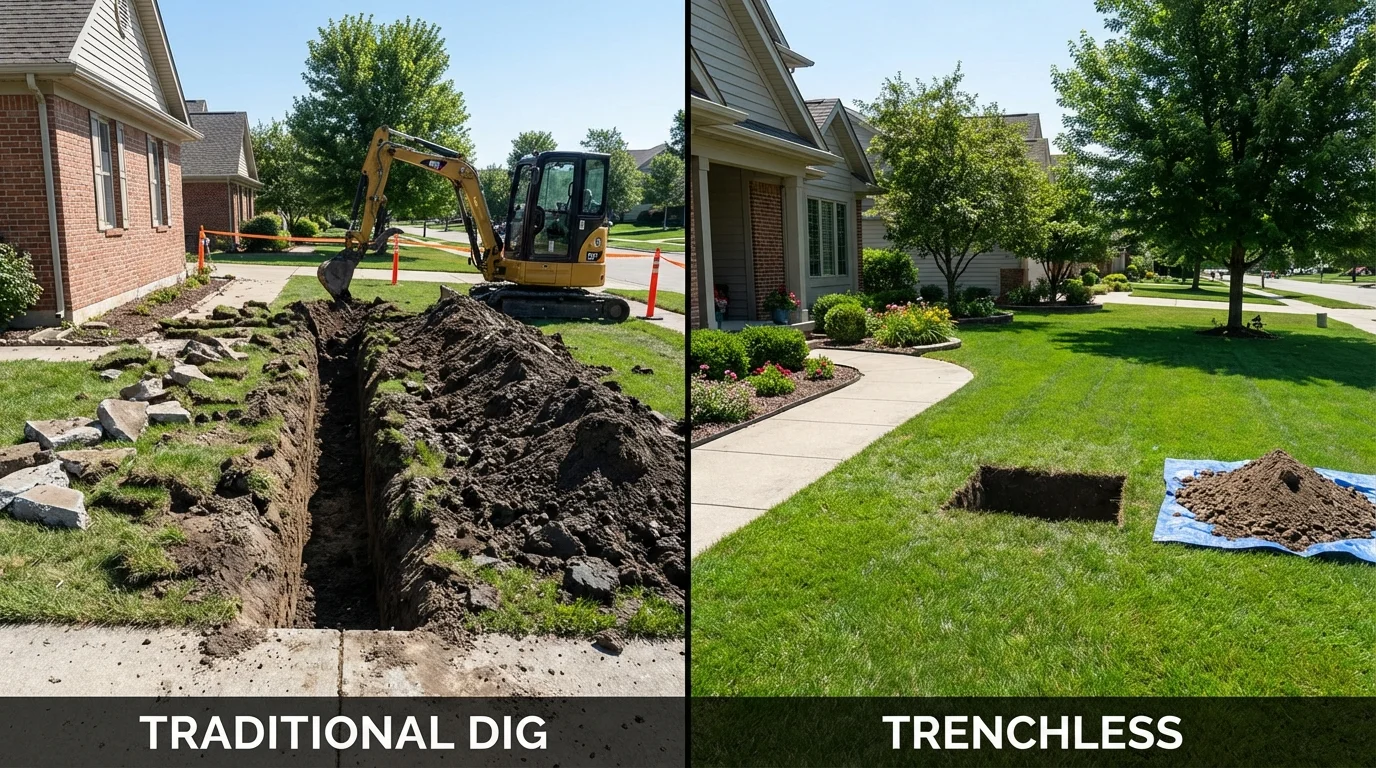 Trenchless sewer repair with minimal yard damage versus traditional excavation in Stanley, ND