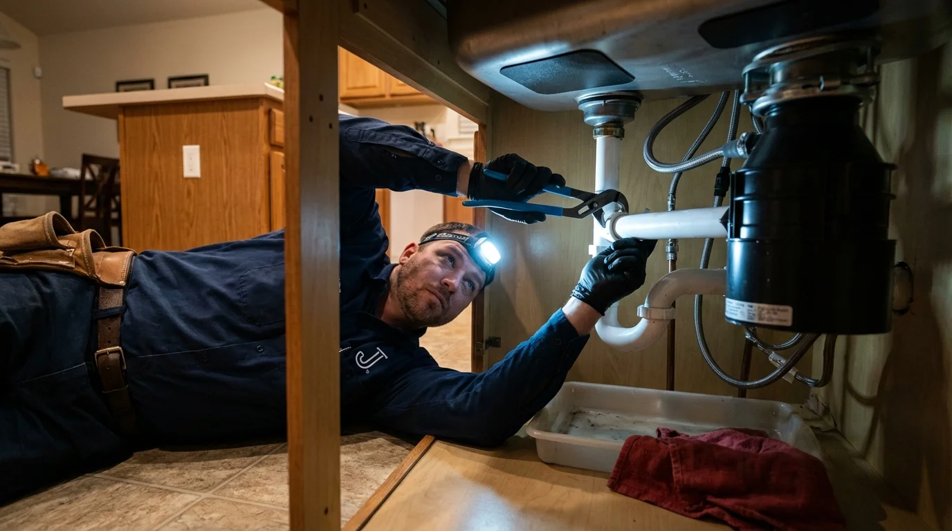 P-trap and supply line connections under a kitchen sink showing a common leak point in Stanley, ND